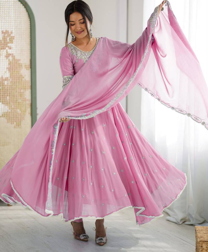 Pink faux georgette embroidered flared gown set