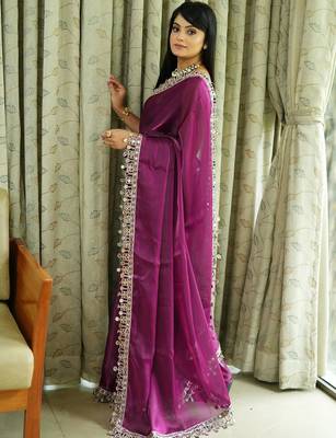 Burgundy tissue mirror work border saree 4