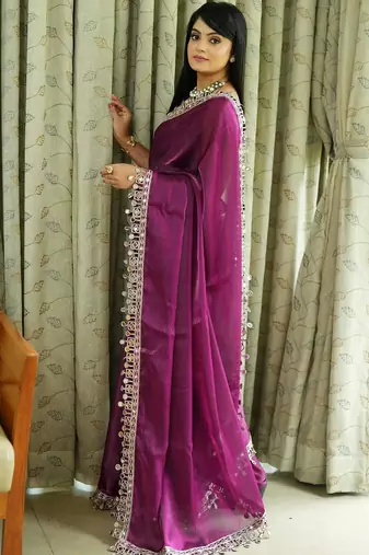 Burgundy tissue mirror work border saree