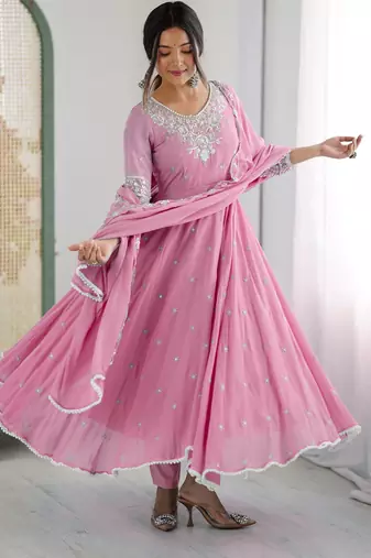 Pink faux georgette embroidered flared gown set