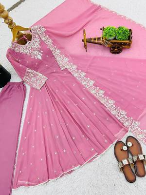 Pink faux georgette embroidered flared gown set 4