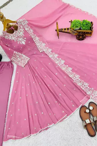 Pink faux georgette embroidered flared gown set