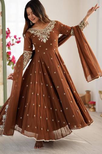 Brown faux georgette embroidered flared gown set
