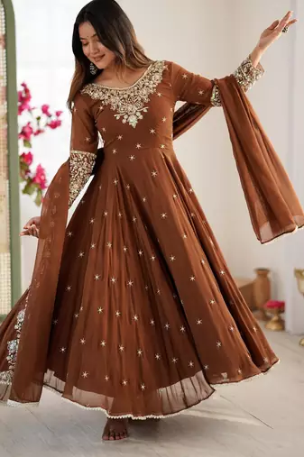 Brown faux georgette embroidered flared gown set