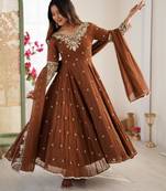 Brown faux georgette embroidered flared gown set