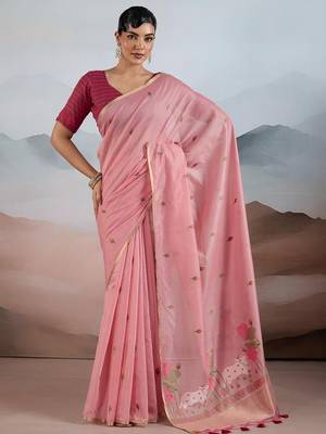 peach cotton blend chanderi sarees 1