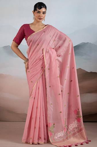 peach cotton blend chanderi sarees