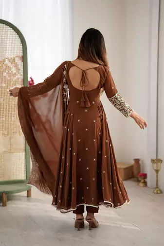 Brown faux georgette embroidered flared gown set