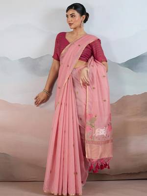 peach cotton blend chanderi sarees 4