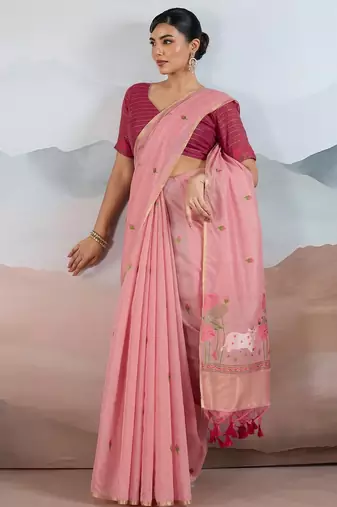 peach cotton blend chanderi sarees