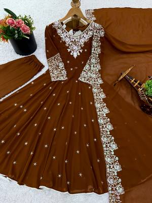 Brown faux georgette embroidered flared gown set 5