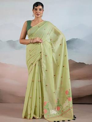 green cotton blend chanderi sarees 1