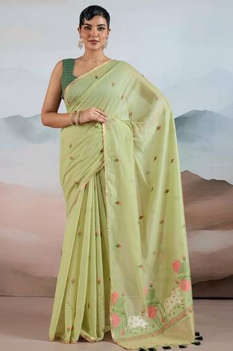 green cotton blend chanderi sarees