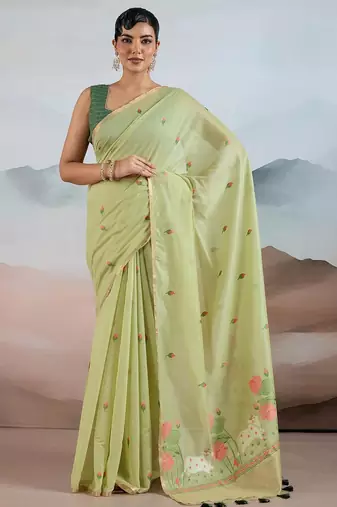 green cotton blend chanderi sarees
