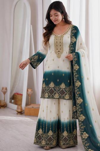 White georgette embroidered palazzo set