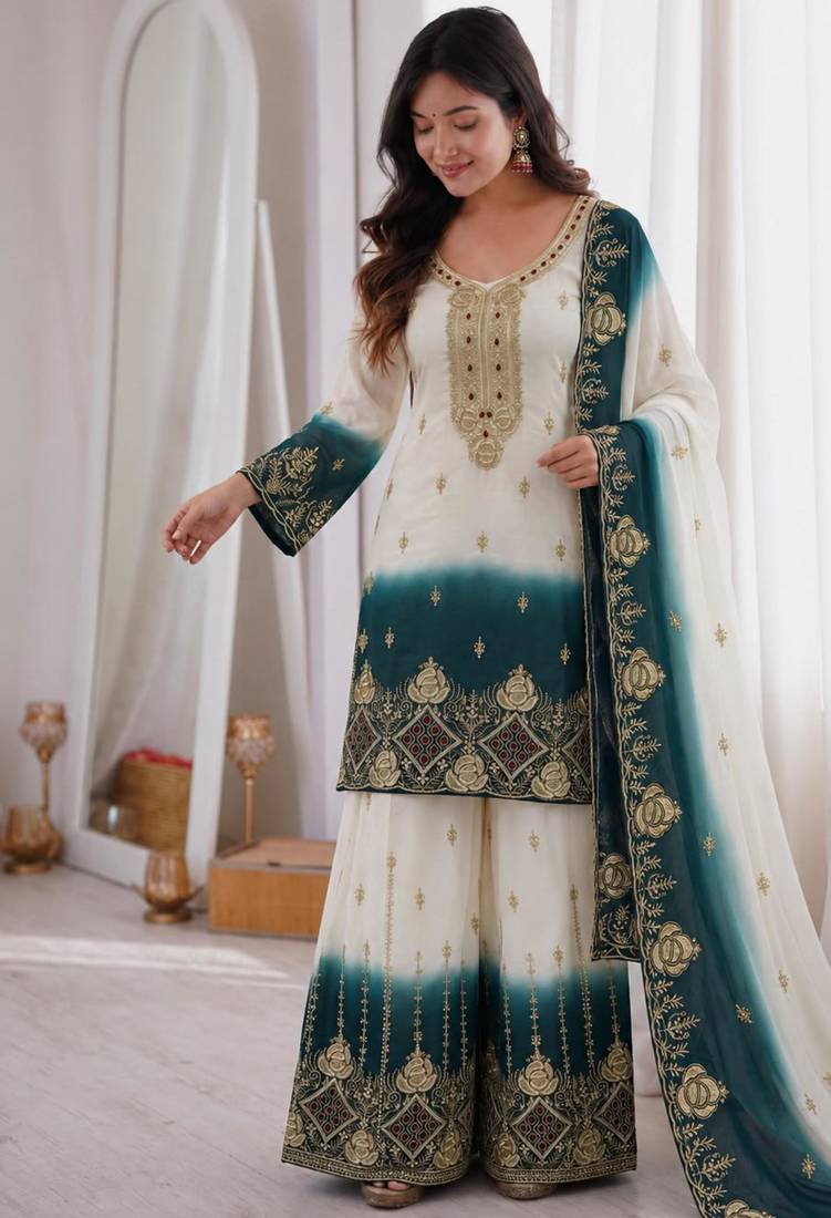 White georgette embroidered palazzo set