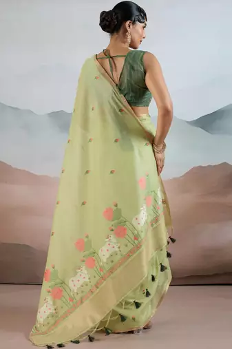 green cotton blend chanderi sarees