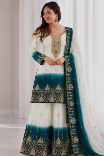 White georgette embroidered palazzo set