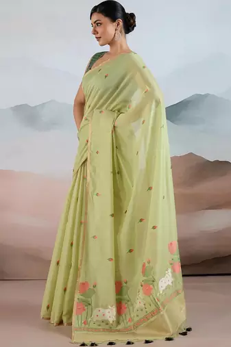 green cotton blend chanderi sarees