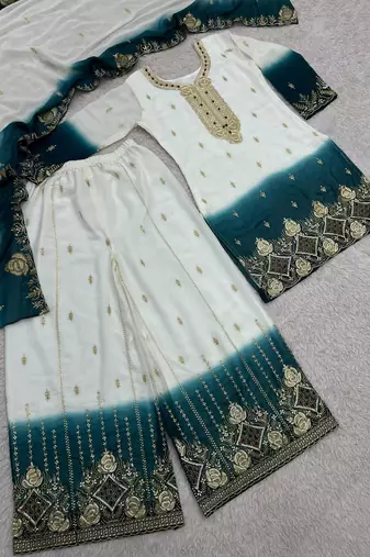 White georgette embroidered palazzo set