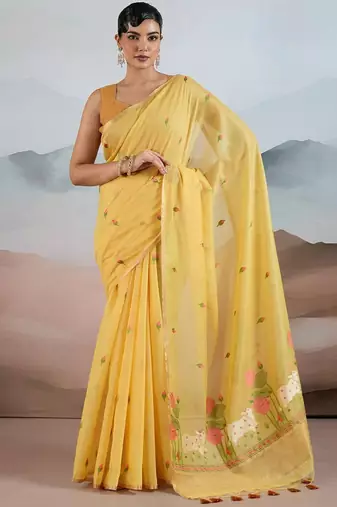 yellow yellow cotton blend chanderi sarees