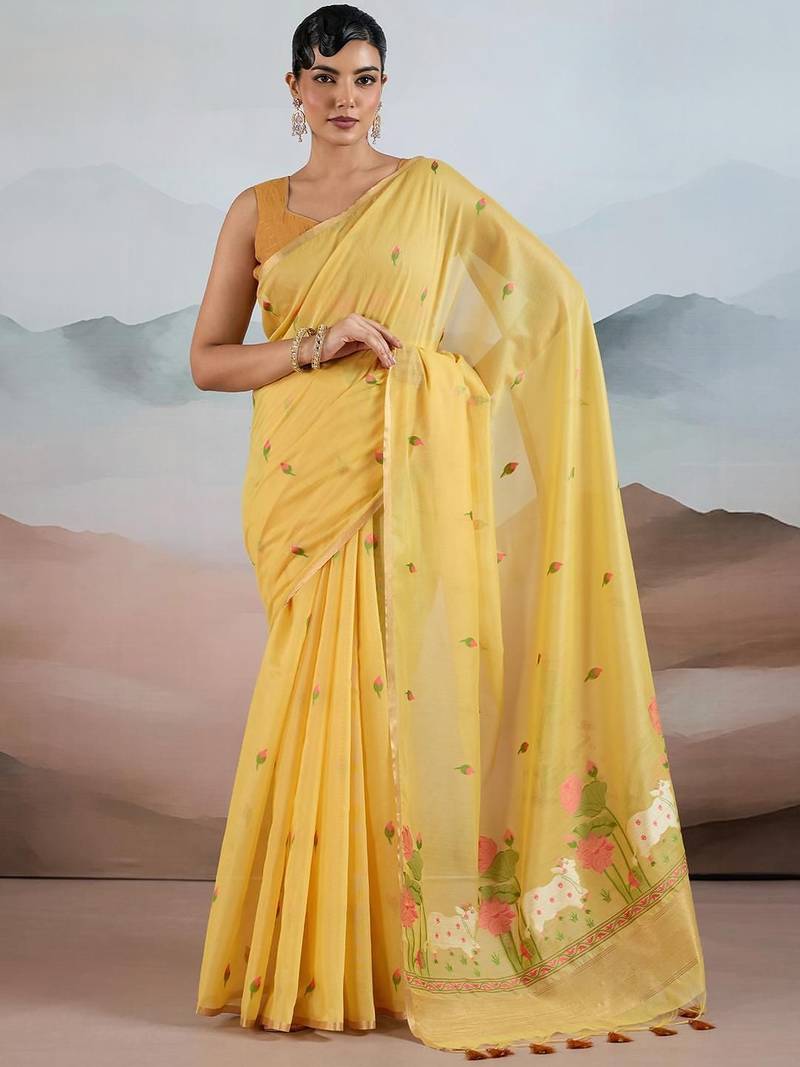 yellow yellow cotton blend chanderi sarees