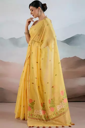 yellow yellow cotton blend chanderi sarees