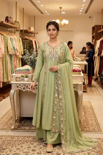 Light-green chanderi embroidered palazzo set