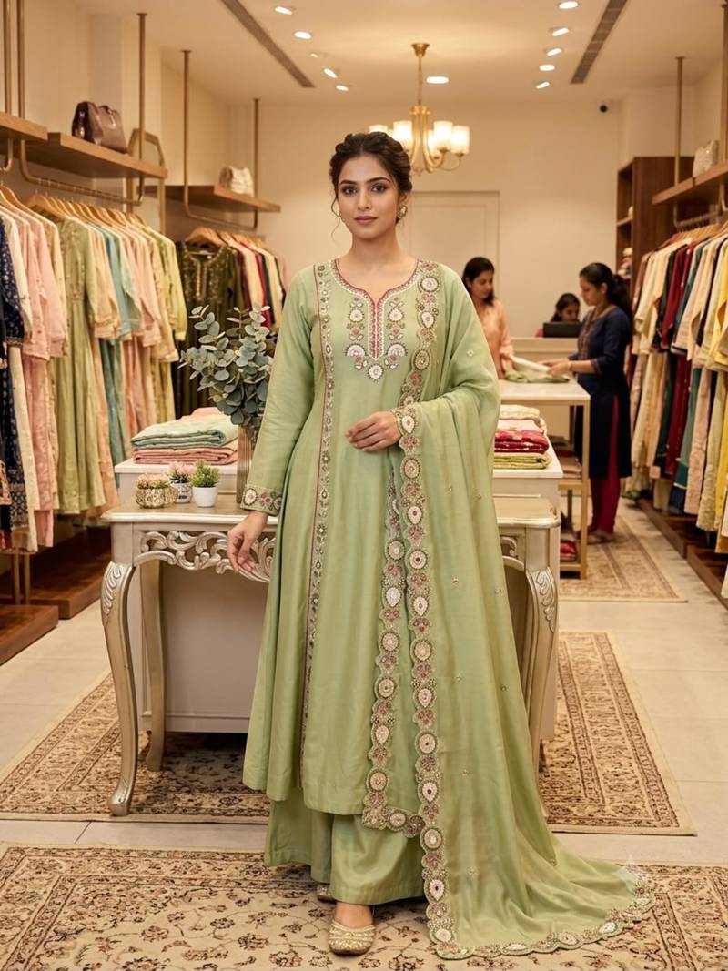 Light-green chanderi embroidered palazzo set