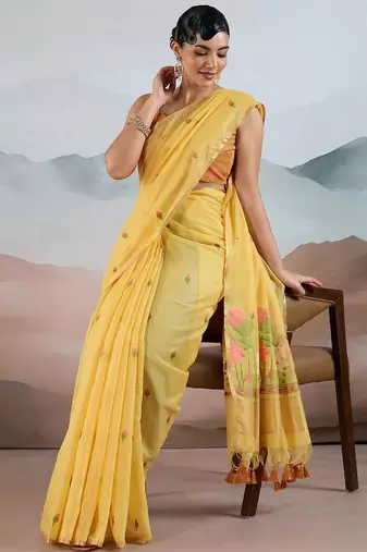 yellow yellow cotton blend chanderi sarees