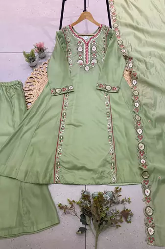 Light-green chanderi embroidered palazzo set