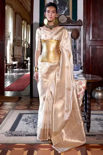 Off white bagh zari silk blend designer banarasi saree