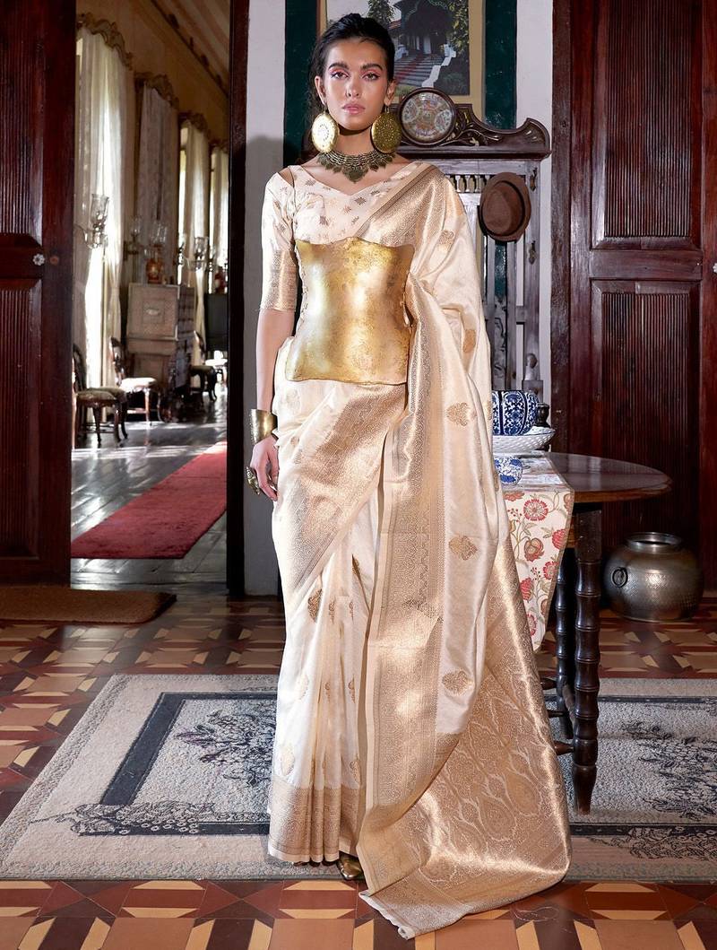 Off white bagh zari silk blend designer banarasi saree