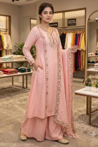 Light-pink chanderi embroidered palazzo set