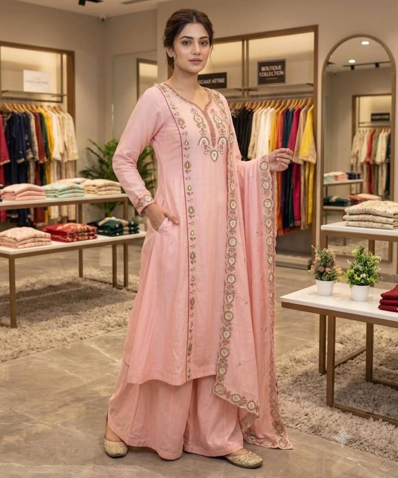 Light-pink chanderi embroidered palazzo set