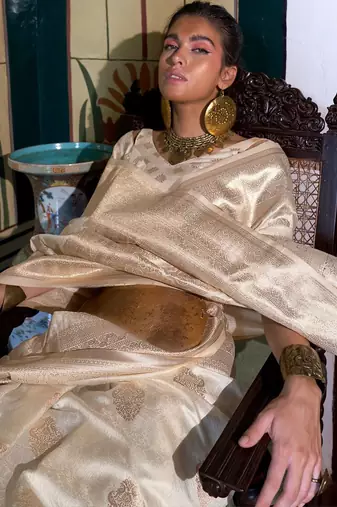 Off white bagh zari silk blend designer banarasi saree