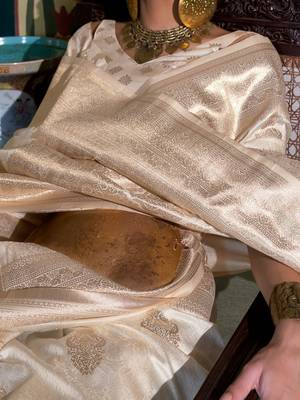 Off white bagh zari silk blend designer banarasi saree 4