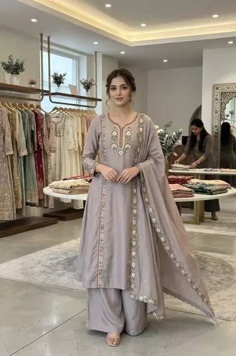 Grey chanderi embroidered palazzo set