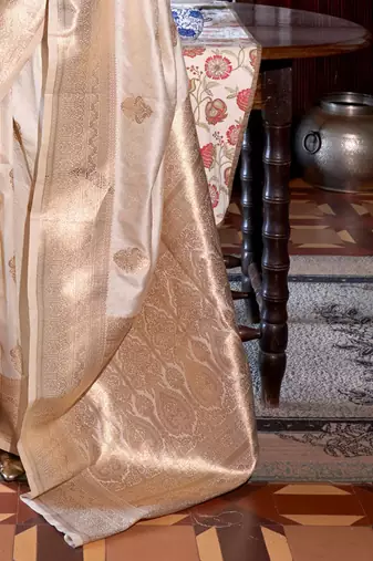 Off white bagh zari silk blend designer banarasi saree