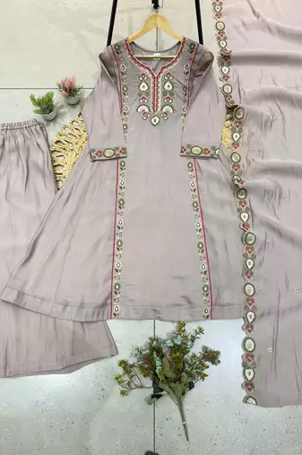 Grey chanderi embroidered palazzo set