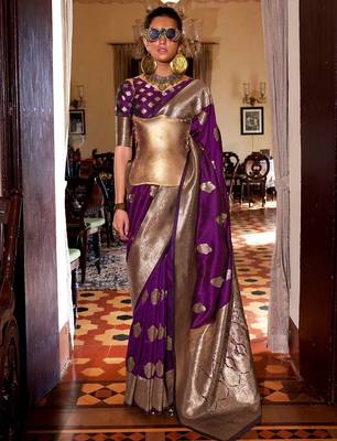 purple floral woven design zari banarasi silk blend saree 1