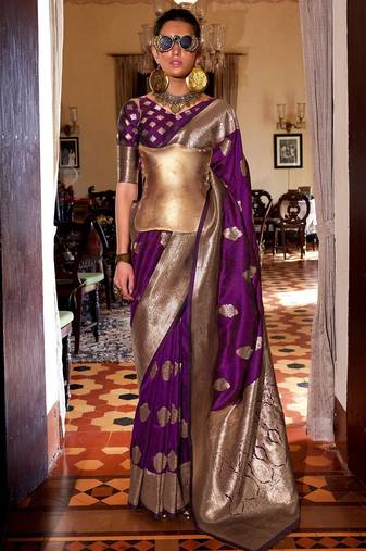 purple floral woven design zari banarasi silk blend saree