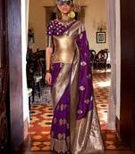 purple floral woven design zari banarasi silk blend saree