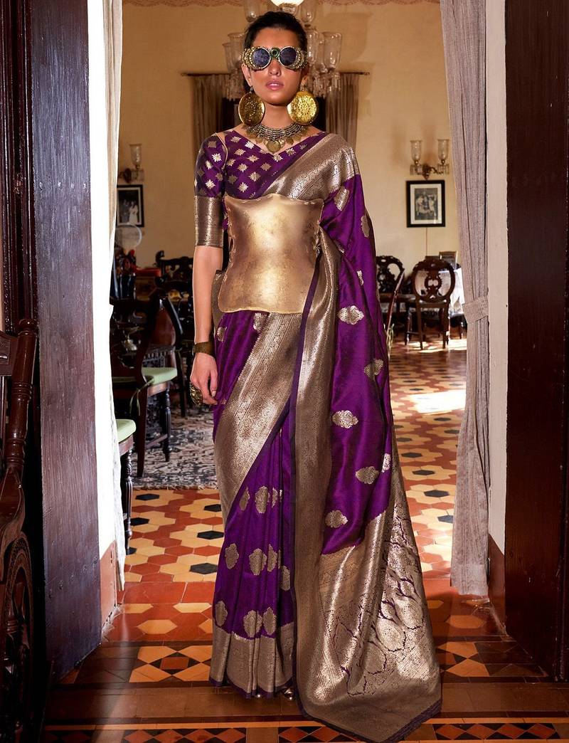 purple floral woven design zari banarasi silk blend saree