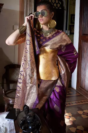purple floral woven design zari banarasi silk blend saree