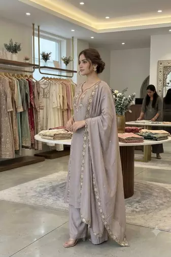 Grey chanderi embroidered palazzo set