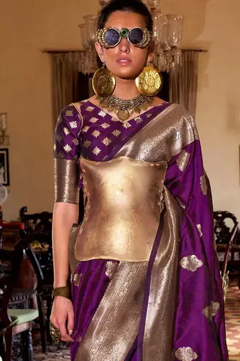 purple floral woven design zari banarasi silk blend saree