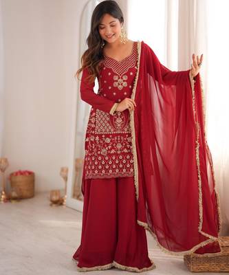 Dark-red georgette embroidered palazzo set 1