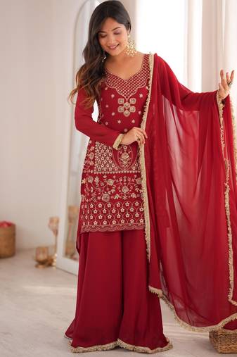 Dark-red georgette embroidered palazzo set