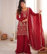 Dark-red georgette embroidered palazzo set